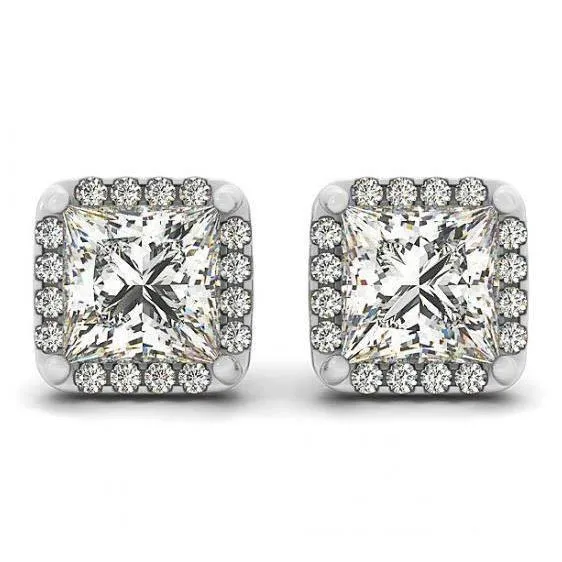 250 Carats Princess Center Natural Earth Mined Diamond Studs Earrings Halo White Gold 14K GB Earrings