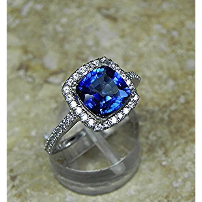 Blue Cushion Cut Sapphire Halo Natural Earth Mined Diamond Wedding Ring 35 Ct Gold 14K GB Rings Blue Cushion Cut Sapphire Halo Natural Earth Mined Diamond Wedding Ring 35 Ct Gold 14K GB Rings