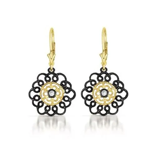 CZ Collections Black Plated 2Tone Lace Flower Euro Earrings CZ Collection Earrings CZ Collections Black Plated 2Tone Lace Flower Euro Earrings CZ Collection Earrings
