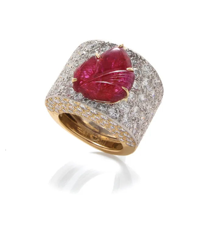 David Webb Carved Ruby Leaf Ring Rings