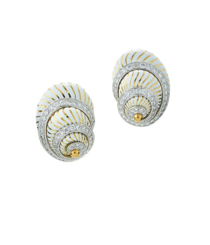 Earrings David Webb Workshop Shell Earrings White Enamel Diamonds