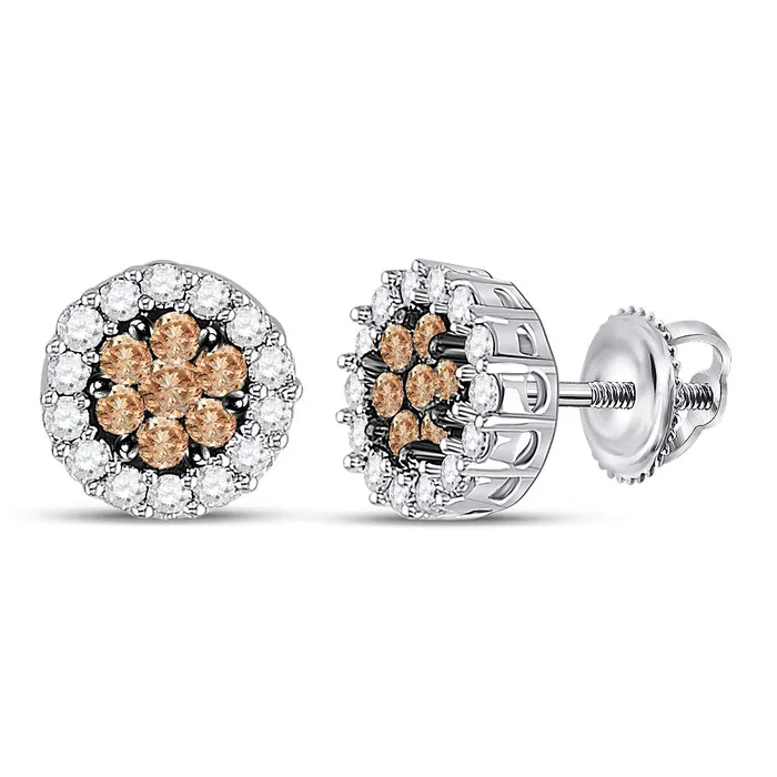 Earrings GND GND 14kt White Gold Womens Round Brown Diamond Flower Cluster Earrings 34 Cttw Earrings GND GND 14kt White Gold Womens Round Brown Diamond Flower Cluster Earrings 34 Cttw