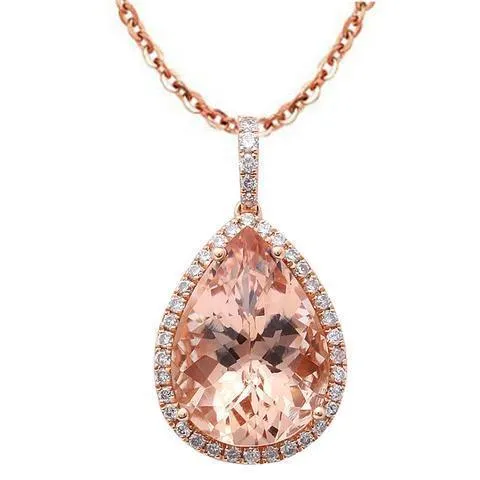 GB Necklaces Pear Morganite With Natural Earth Mined Diamonds Pendant 26 Ct Rose Gold 14K