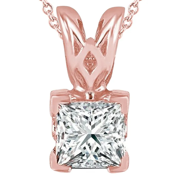 GB Necklaces Sparkling Princess Cut Natural Earth Mined Diamond Necklace Pendant 2 Carats Rose Gold 14K