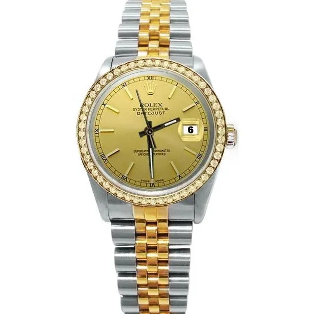 GB Watches Champagne Stick Dial Diamond Bezel Date Just Watch Rolex QUICK SET