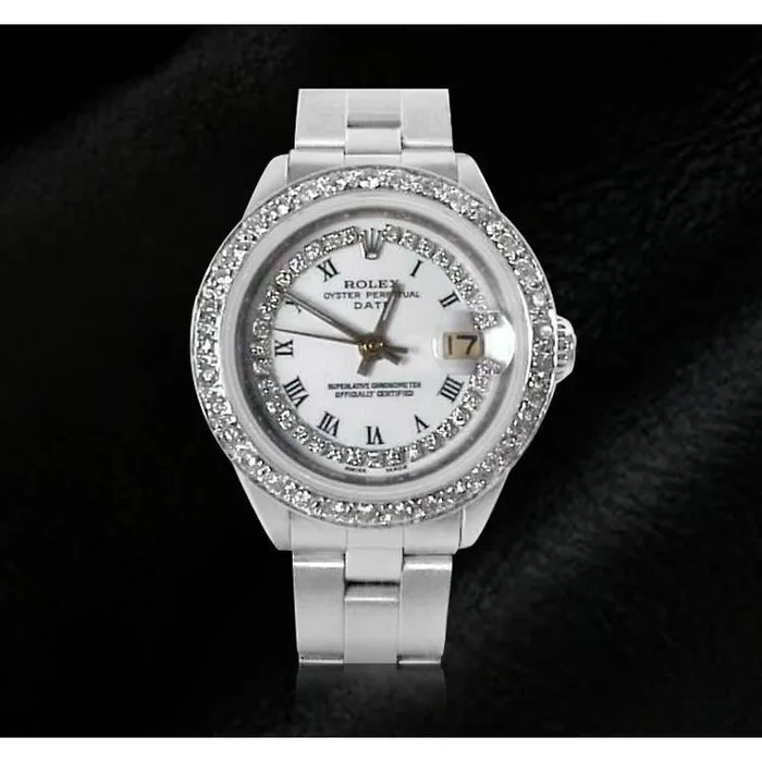 GB Watches Ladies Date Watch With White String Natural Earth Mined Diamond Dial Bezel Ss Oyster GB Watches Ladies Date Watch With White String Natural Earth Mined Diamond Dial Bezel Ss Oyster