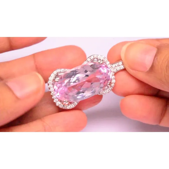 Necklaces GB Women 19 Carats Gold Pink Kunzite With Natural Earth Mined Diamond Necklace Pendant Necklaces GB Women 19 Carats Gold Pink Kunzite With Natural Earth Mined Diamond Necklace Pendant