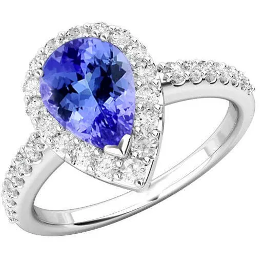Pear Tanzanite With Round Natural Earth Mined Diamonds 395 Carats Ring 14K White Gold GB Rings Pear Tanzanite With Round Natural Earth Mined Diamonds 395 Carats Ring 14K White Gold GB Rings