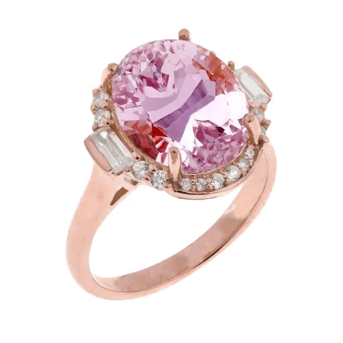 Prong Set Kunzite And Natural Earth Mined Diamonds 26 Ct Anniversary Ring Rose Gold GB Rings Prong Set Kunzite And Natural Earth Mined Diamonds 26 Ct Anniversary Ring Rose Gold GB Rings