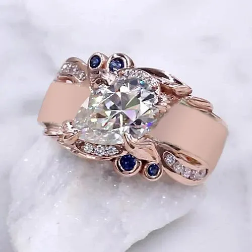 Rose Gold Natural Earth Mined Diamond Ring 225 Carats Ceylon Sapphire Accents Jewelry GB Rings