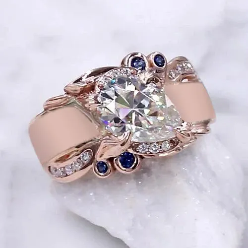 Rose Gold Natural Earth Mined Diamond Ring 225 Carats Ceylon Sapphire Accents Jewelry GB Rings
