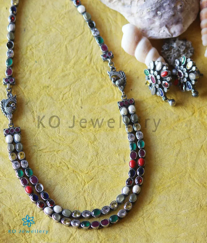 Silversmith Necklaces The Darshita Silver Navaratna Peacock Necklace2 LayersOxidised Silversmith Necklaces The Darshita Silver Navaratna Peacock Necklace2 LayersOxidised