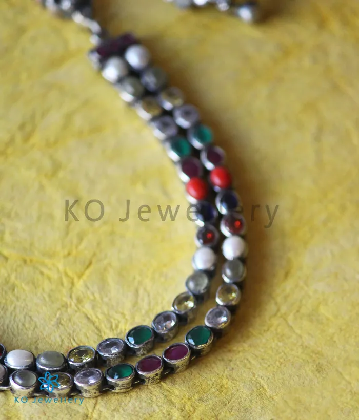 Silversmith Necklaces The Darshita Silver Navaratna Peacock Necklace2 LayersOxidised