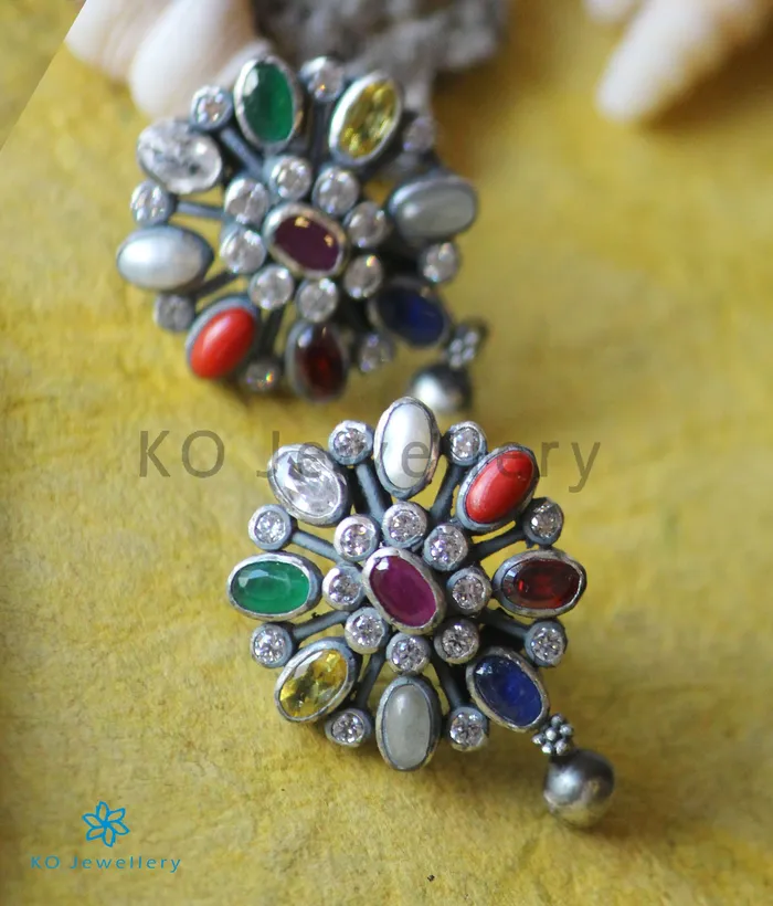 Silversmith Necklaces The Darshita Silver Navaratna Peacock Necklace2 LayersOxidised