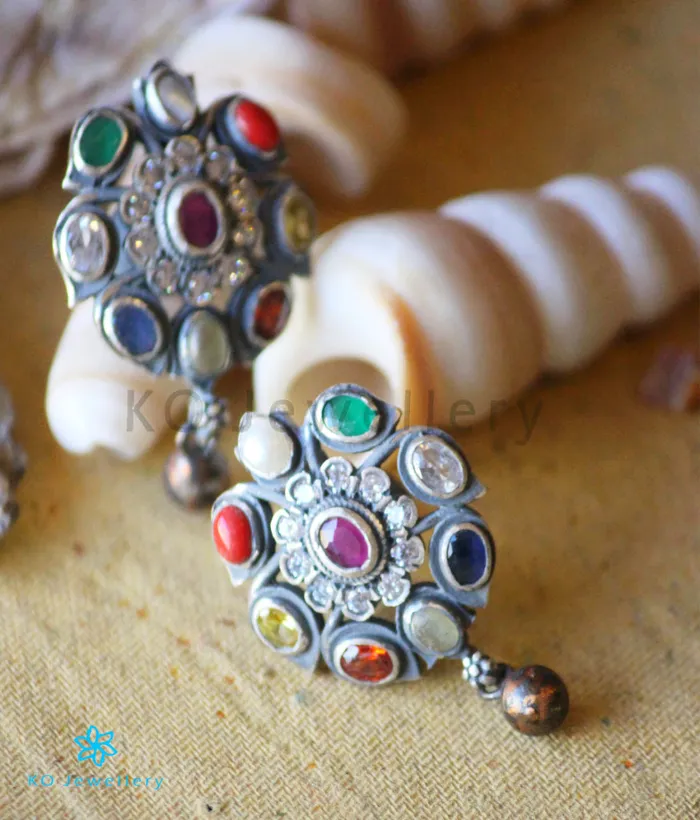 The Abhijita Silver Navratna Earstuds Oxidised Silversmith Earrings