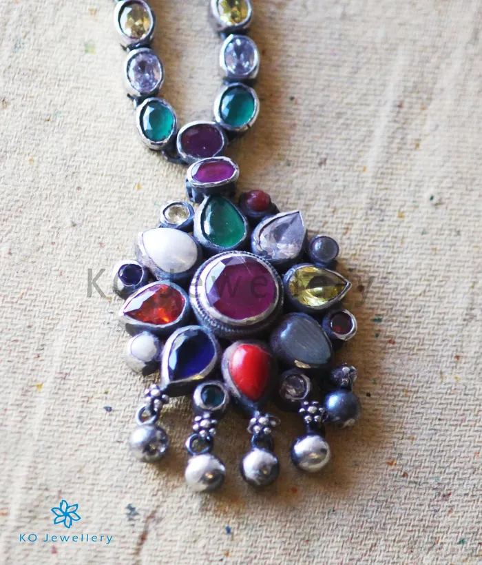 The Abhijita Silver Navratna Necklace Oxidised Silversmith Necklaces