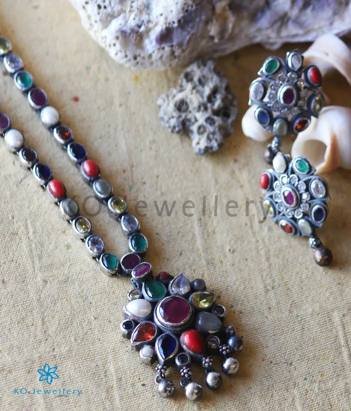 The Abhijita Silver Navratna Necklace Oxidised Silversmith Necklaces