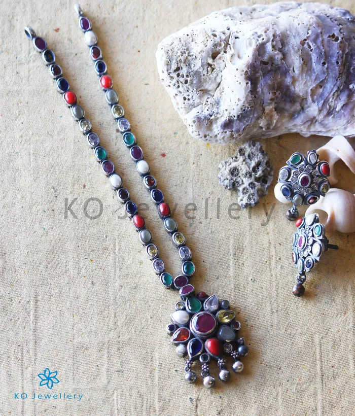 The Abhijita Silver Navratna Necklace Oxidised Silversmith Necklaces