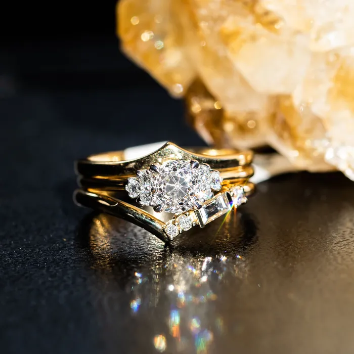 095ct Antique Old Euro cut Diamond and White Diamond Cluster ring in 14k Yellow Gold Anueva Jewelry Rings
