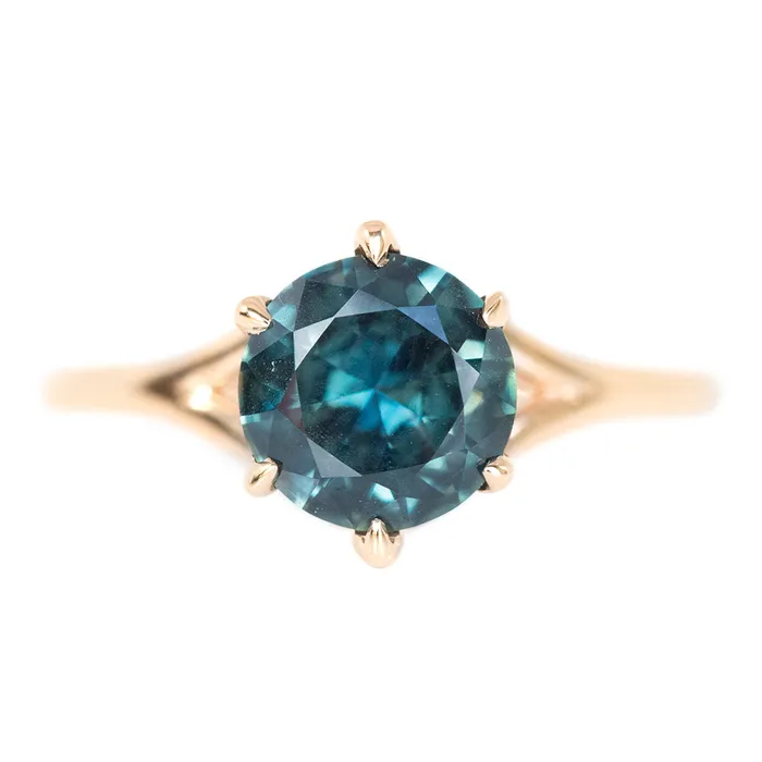 14ct Teal Nigerian Sapphire Low Profile Six Prong Split Shank Solitaire in 18k Rose Gold Anueva Jewelry PreStyled Sets 14ct Teal Nigerian Sapphire Low Profile Six Prong Split Shank Solitaire in 18k Rose Gold Anueva Jewelry PreStyled Sets