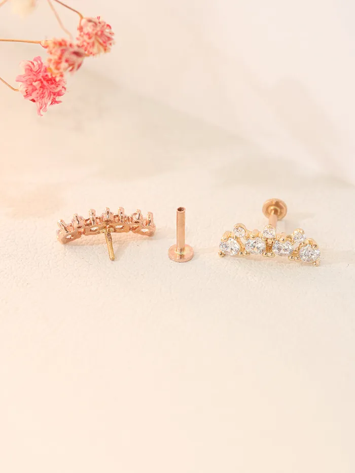 14K Gold Bling Crown Internally Threaded Labret Piercing 18G16G MinimalBijoux PreStyled Sets