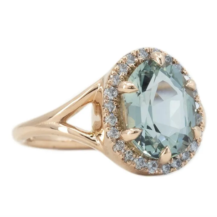 245ct Poval Blue Aquamarine Diamond Halo Low Profile Split Shank Ring In 14k Rose Gold Anueva Jewelry Rings