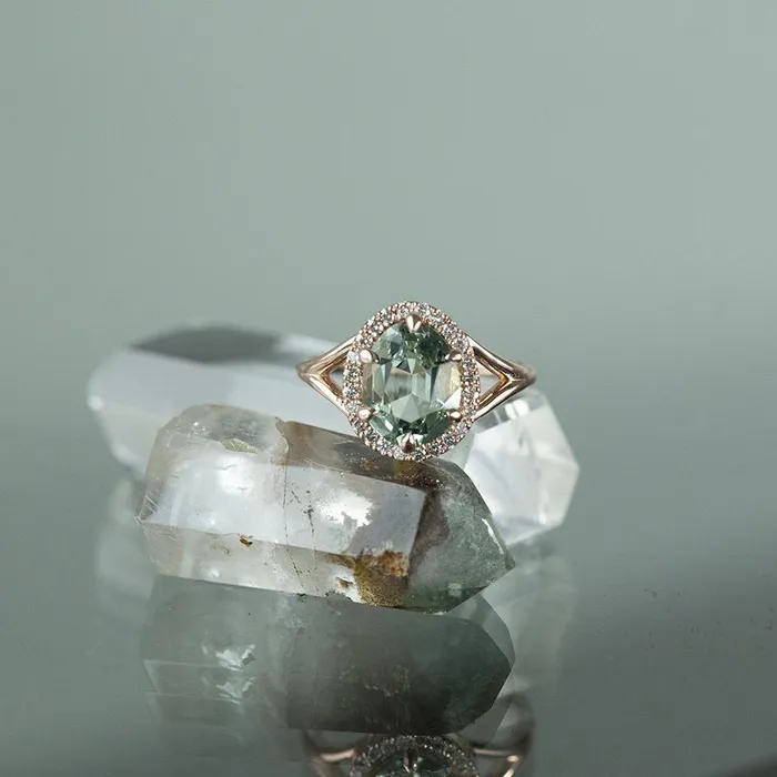 245ct Poval Blue Aquamarine Diamond Halo Low Profile Split Shank Ring In 14k Rose Gold Anueva Jewelry Rings