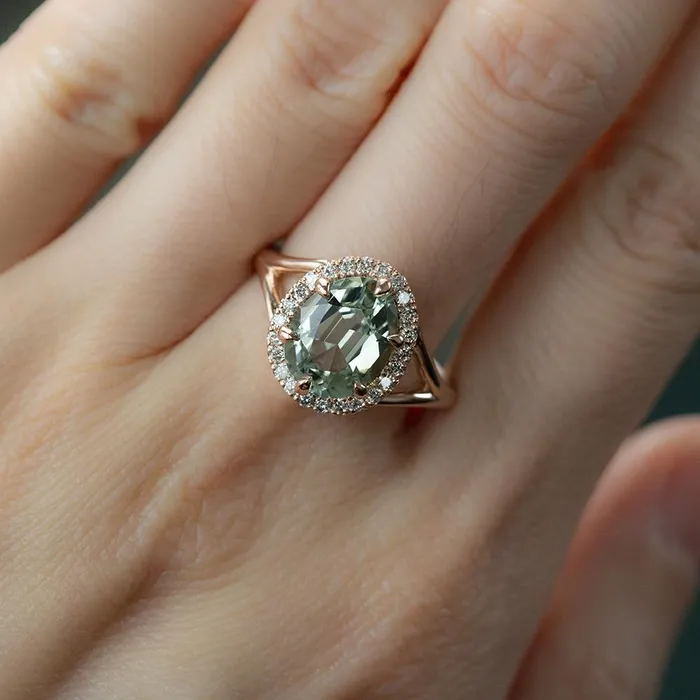 245ct Poval Blue Aquamarine Diamond Halo Low Profile Split Shank Ring In 14k Rose Gold Anueva Jewelry Rings