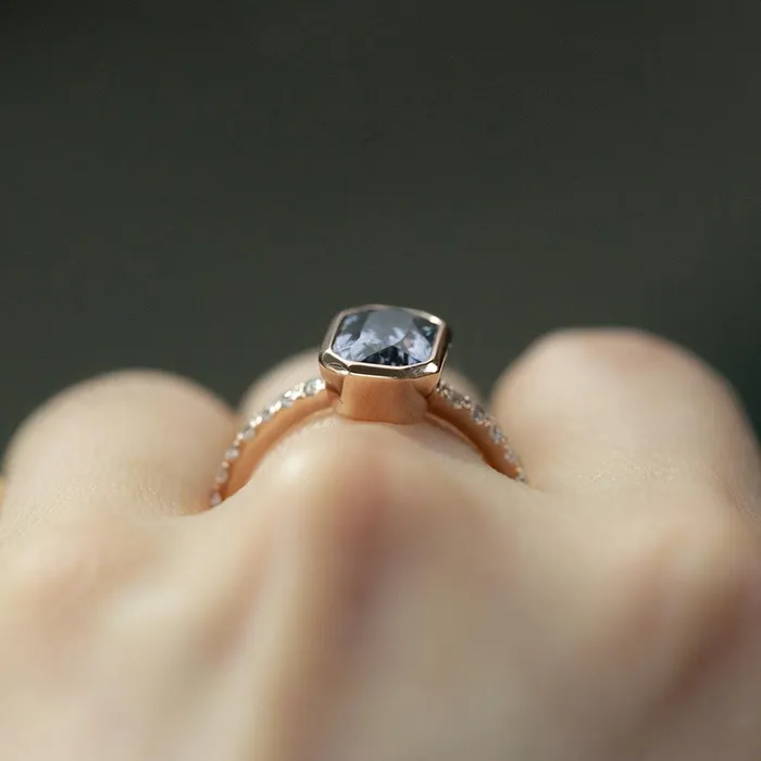 245ct Poval Blue Aquamarine Diamond Halo Low Profile Split Shank Ring In 14k Rose Gold Anueva Jewelry Rings
