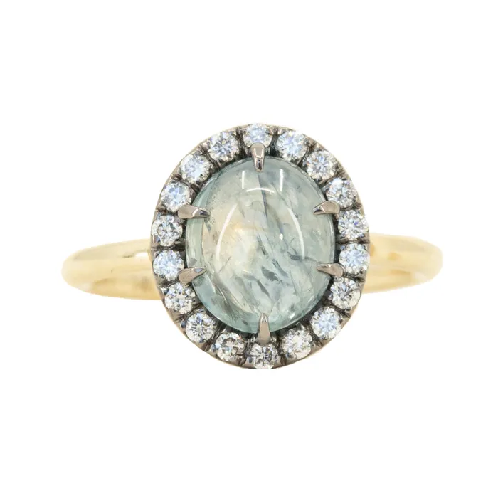 353ct Blue Oval Cabochon Montana Sapphire Low Profile Antique Diamond Halo Six Prong Ring in 14k Yellow Gold Anueva Jewelry Rings 353ct Blue Oval Cabochon Montana Sapphire Low Profile Antique Diamond Halo Six Prong Ring in 14k Yellow Gold Anueva Jewelry Rings