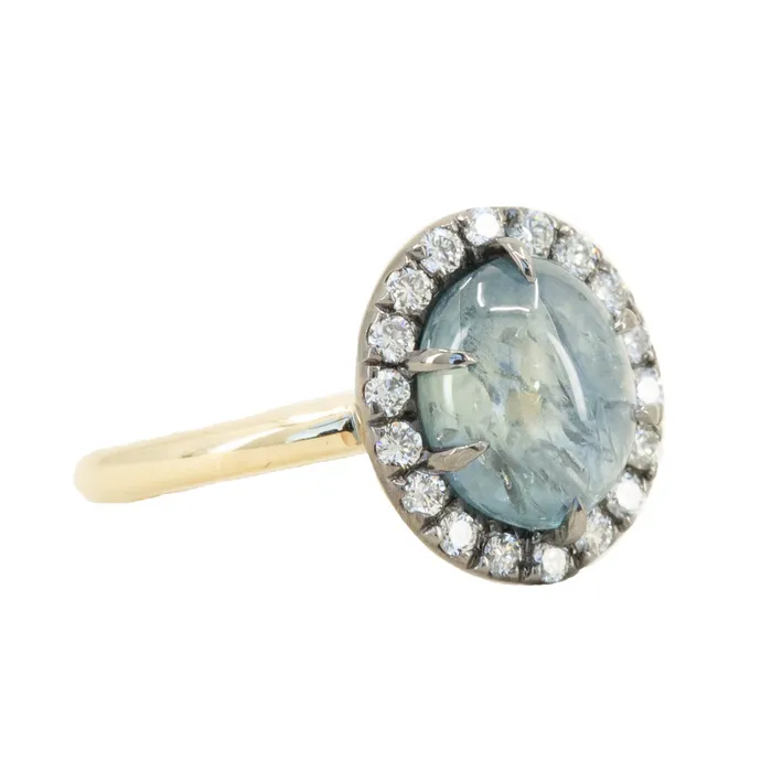 353ct Blue Oval Cabochon Montana Sapphire Low Profile Antique Diamond Halo Six Prong Ring in 14k Yellow Gold Anueva Jewelry Rings