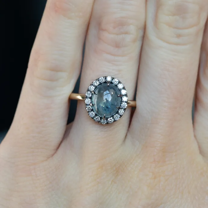 353ct Blue Oval Cabochon Montana Sapphire Low Profile Antique Diamond Halo Six Prong Ring in 14k Yellow Gold Anueva Jewelry Rings