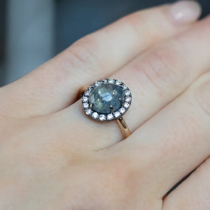 353ct Blue Oval Cabochon Montana Sapphire Low Profile Antique Diamond Halo Six Prong Ring in 14k Yellow Gold Anueva Jewelry Rings