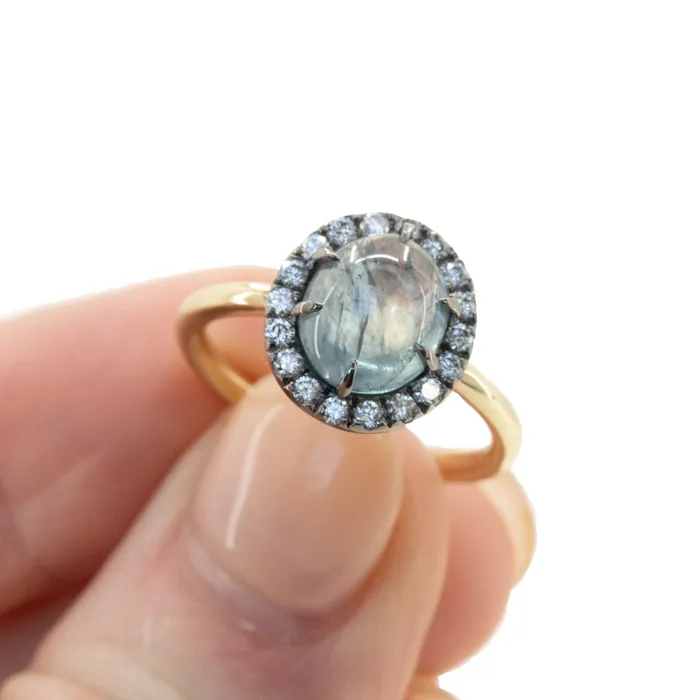 353ct Blue Oval Cabochon Montana Sapphire Low Profile Antique Diamond Halo Six Prong Ring in 14k Yellow Gold Anueva Jewelry Rings