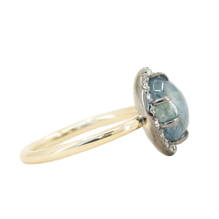353ct Blue Oval Cabochon Montana Sapphire Low Profile Antique Diamond Halo Six Prong Ring in 14k Yellow Gold Anueva Jewelry Rings