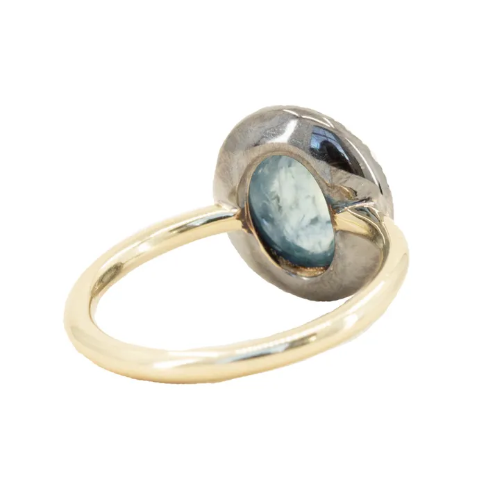 353ct Blue Oval Cabochon Montana Sapphire Low Profile Antique Diamond Halo Six Prong Ring in 14k Yellow Gold Anueva Jewelry Rings