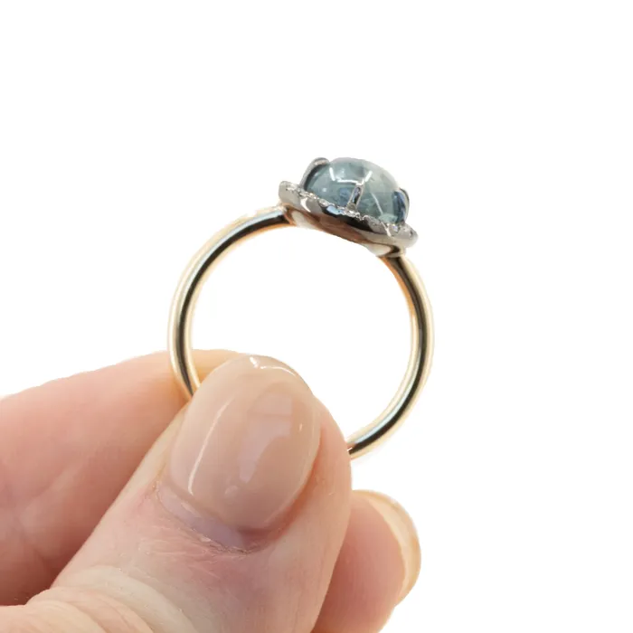 353ct Blue Oval Cabochon Montana Sapphire Low Profile Antique Diamond Halo Six Prong Ring in 14k Yellow Gold Anueva Jewelry Rings