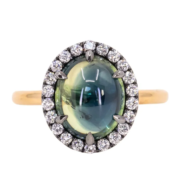 448ct Oval Cabochon Parti Sapphire and Antiqued Diamond Halo ring in 18k Yellow Gold Anueva Jewelry Rings 448ct Oval Cabochon Parti Sapphire and Antiqued Diamond Halo ring in 18k Yellow Gold Anueva Jewelry Rings