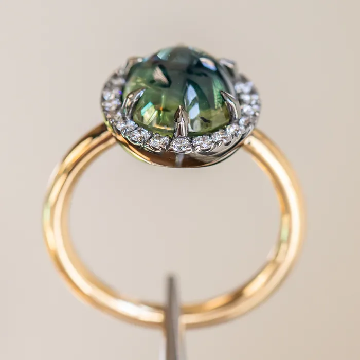 448ct Oval Cabochon Parti Sapphire and Antiqued Diamond Halo ring in 18k Yellow Gold Anueva Jewelry Rings