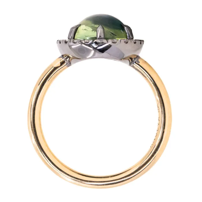 448ct Oval Cabochon Parti Sapphire and Antiqued Diamond Halo ring in 18k Yellow Gold Anueva Jewelry Rings