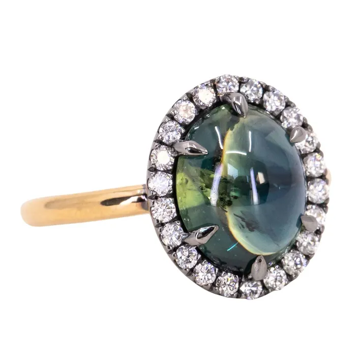 448ct Oval Cabochon Parti Sapphire and Antiqued Diamond Halo ring in 18k Yellow Gold Anueva Jewelry Rings