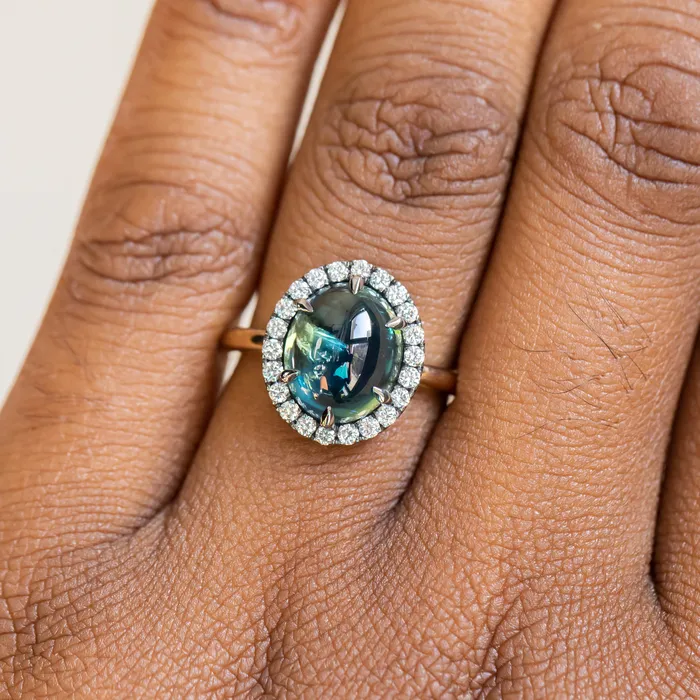 448ct Oval Cabochon Parti Sapphire and Antiqued Diamond Halo ring in 18k Yellow Gold Anueva Jewelry Rings