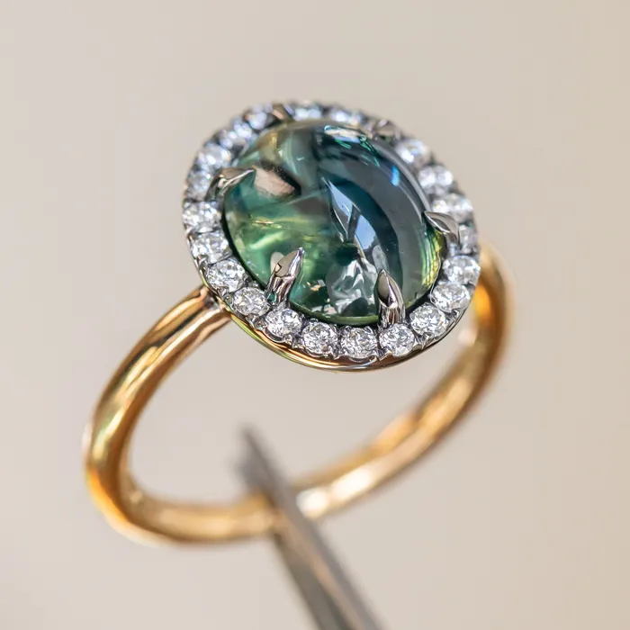 448ct Oval Cabochon Parti Sapphire and Antiqued Diamond Halo ring in 18k Yellow Gold Anueva Jewelry Rings