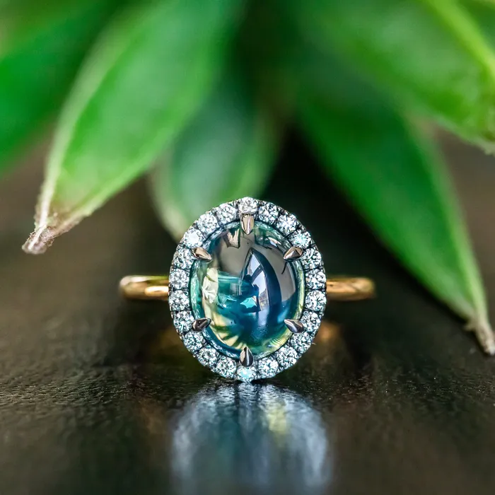 448ct Oval Cabochon Parti Sapphire and Antiqued Diamond Halo ring in 18k Yellow Gold Anueva Jewelry Rings