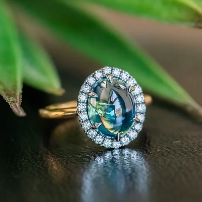 448ct Oval Cabochon Parti Sapphire and Antiqued Diamond Halo ring in 18k Yellow Gold Anueva Jewelry Rings