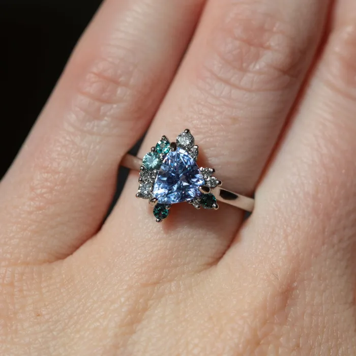 Anueva Jewelry Rings 137ct Trillion Purple Sapphire Asymmetrical Diamond and Gemstone Ring in 14k white gold by Anueva Jewelry