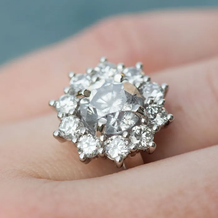 Anueva Jewelry Rings 3ctw Antique Diamond Cluster Snowflake Ring Antique Transitional Diamond Halo 2ct Grey Diamond Platinum Engagement Ring by Anueva Jewelry
