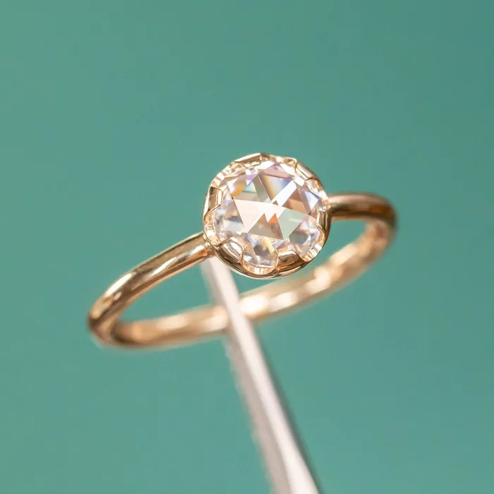 Anueva Jewelry Rings Antique style 65mm Round Rosecut Moissanite 6Prong Low Profile Ring With Plain Rounded Band in 14K Yellow Gold