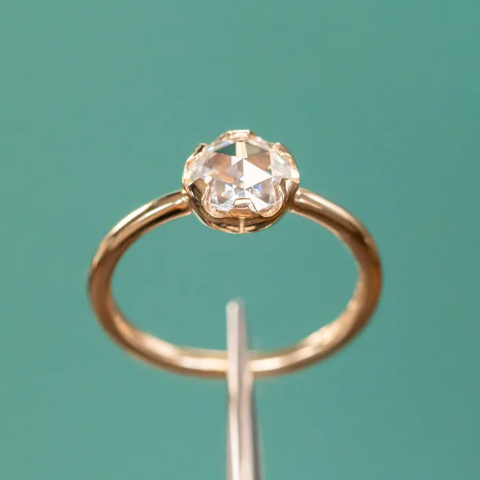 Anueva Jewelry Rings Antique style 65mm Round Rosecut Moissanite 6Prong Low Profile Ring With Plain Rounded Band in 14K Yellow Gold