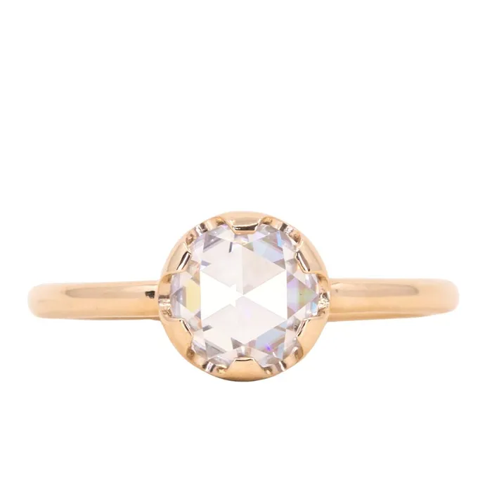 Anueva Jewelry Rings Antique style 65mm Round Rosecut Moissanite 6Prong Low Profile Ring With Plain Rounded Band in 14K Yellow Gold
